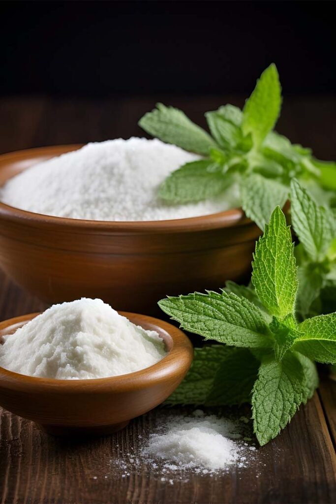 a bowl of powder and a bowl of salt next to a plant